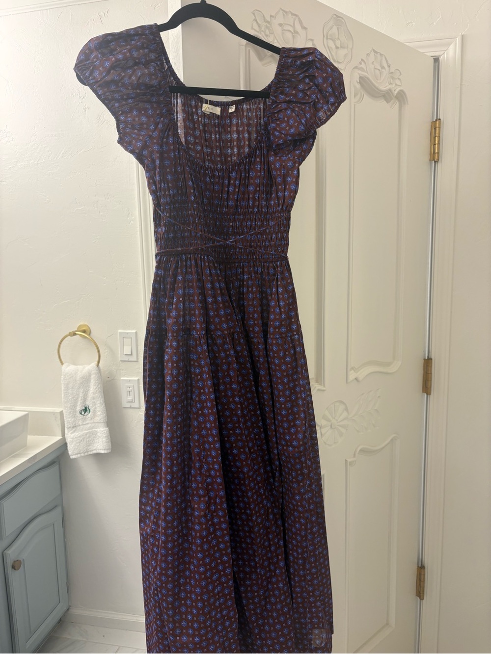 Doen Navy and Brown Floral Smocked Maxi Dress
